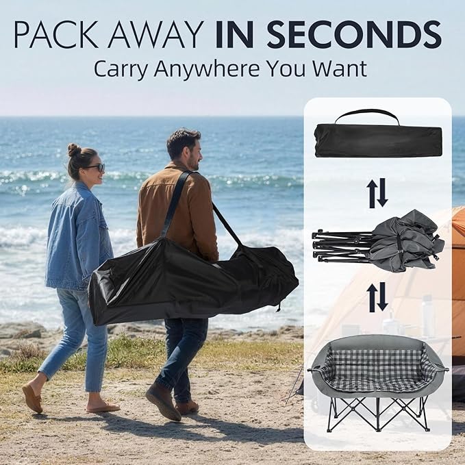 Double Camping Chairs Padded Loveseat Chair for 2 Person - Heavy Duty Oversized Camping Couch for Adults Outdoor Lawn Beach Portable Folding Sofa with Cup Holders Support 600lbs, Grey PUVASIA