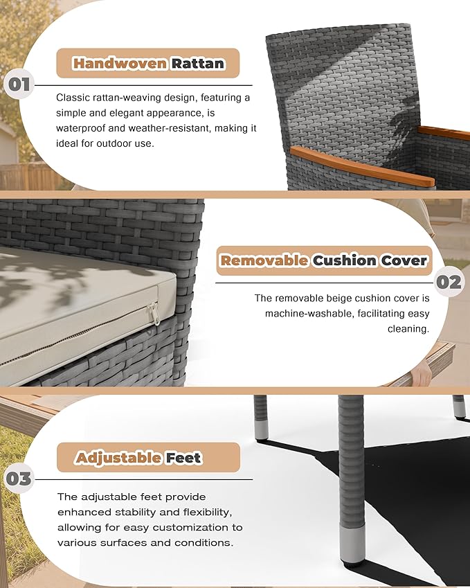 Flamaker 7 Piece Patio Dining Set Outdoor Acacia Wood Table and Chairs with Soft Cushions Wicker Patio Furniture for Deck, Backyard, Garden (Grey) Flamaker