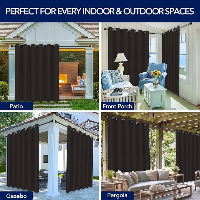 PureFit Outdoor Curtains for Patio Waterproof Weatherproof, UV and Fade Resistant Outside Curtains for Gazebo, Front Porch, Pergola, Sun Blocking Privacy Curtain, 100W x 95L inch, 1 Panel, Chocolate PureFit