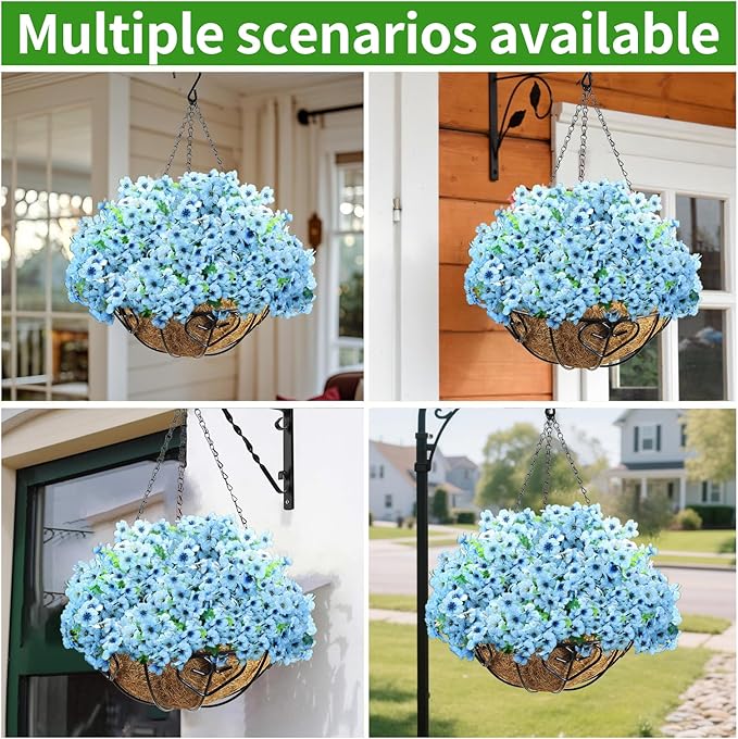 Artificial Hanging Flower for Outdoors, Fake Hanging Basket for Outside,1 Hanging Basket with 13 Pcs Faux Silk Flowers for Porch, Balcony and Patio Decor(Blue) LetuoClipsClipsandHooks