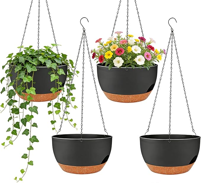 Set of 4-8 Inch Self Watering Hanging Planters for Indoor Outdoor，Hanging Plant Pots with Drainage & Removable Tray, Hanging Pots Holder for Ivy, Pothos, Ferns, Balcony & Patio, Black Brown zople