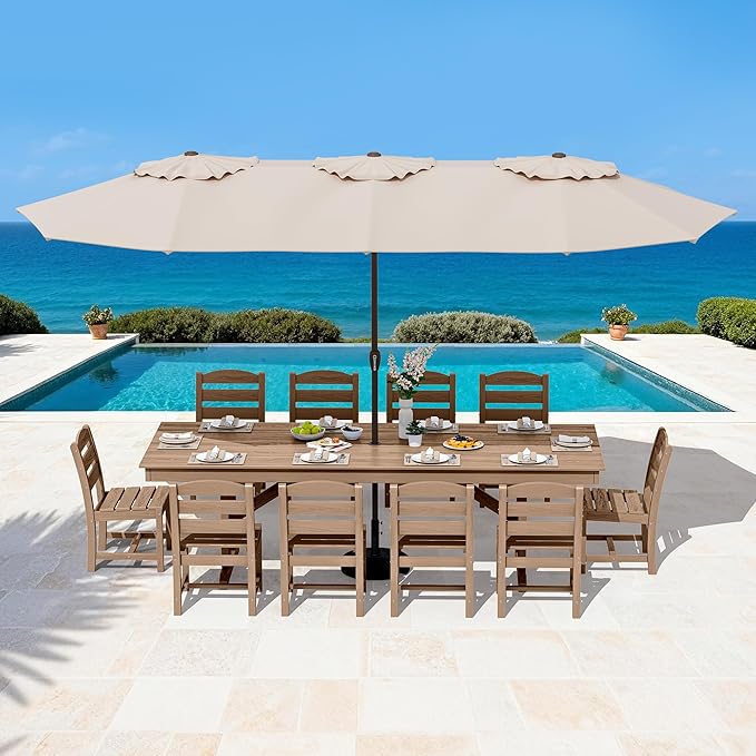 SERWALL 11 Piece Outdoor Dining Set, 84" HDPE Outdoor Large Dining Table and Chairs Set for 10，All Weather Patio Dining Furniture Set with Umbrella Hole for Backyard, Garden, Brown SERWALL