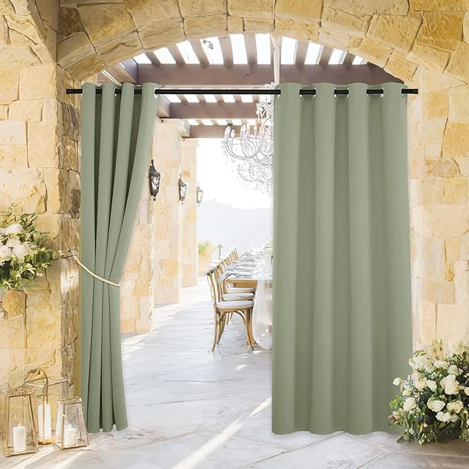 RYB HOME Outdoor Curtains for Patio Waterproof Block Sunlight Thermal Insulated Privacy Assured Thick Outside Curtains for Deck, Balcony, Pool, W52 x L63, Sage Green, 1 Panel RYBHOME