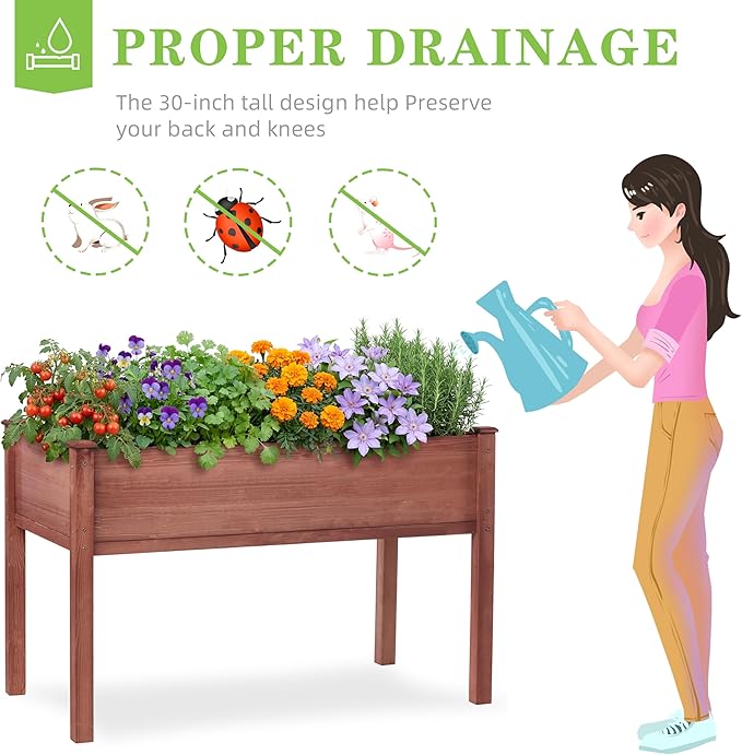 Raised Garden Bed with Legs, 48x24x30'', Outdoor Wood Elevated Planter Box, Thick Legs, w/Liner OutdoorFurniture