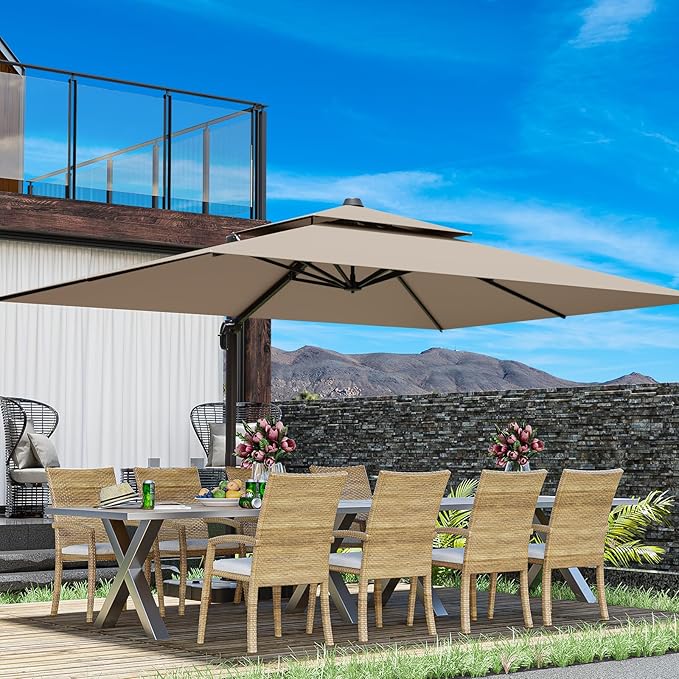 10x13FT Beige Brown Cantilever Outdoor Patio Umbrella with Base, Large Rectangular Offset Design, Double Top Heavy Duty Aluminum Frame & 360° Rotation for Pool Garden Deck Backyard ZLACUIU