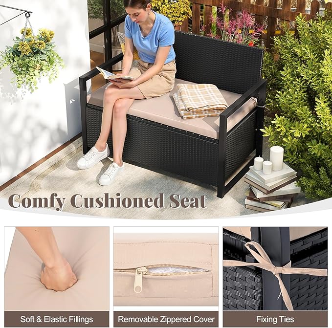 RELAX4LIFE Wicker Outdoor Bench with Storage - Rattan Deck Box w/Protective Liner for Pillows, Pool Supplies, Garden Tools, Patio Loveseat with Seat Cushion & Metal Armrests for Backyard Porch Balcony RELAX4LIFE