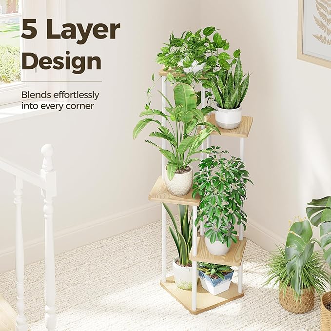 Bamworld White Plant Stand Indoor 5 Tier Plant Shelf for Multiple Plants Corner Flower Stand Metal Wood Plant Table for Patio Garden Balcony Living Room Bedroom Bamworld