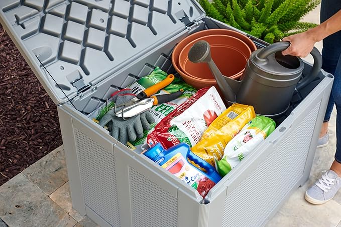 Rubbermaid Medium Resin Outdoor Storage Deck Box (74 Gal) Weather Resistant Gray Deck Organization for Home/Backyard/Pool Chemicals/Toys/Garden Tools/Porch/Patio Cushions Rubbermaid