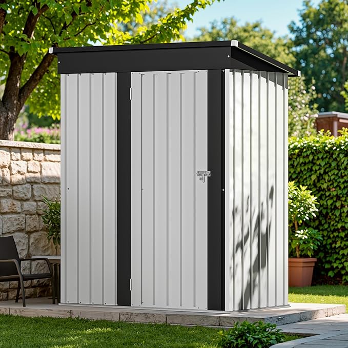 Devoko Outdoor Storage Shed 5 x 3 FT Lockable Metal Garden Shed Steel Anti-Corrosion Storage House with Single Lockable Door for Backyard Outdoor Patio (White) DEVOKO