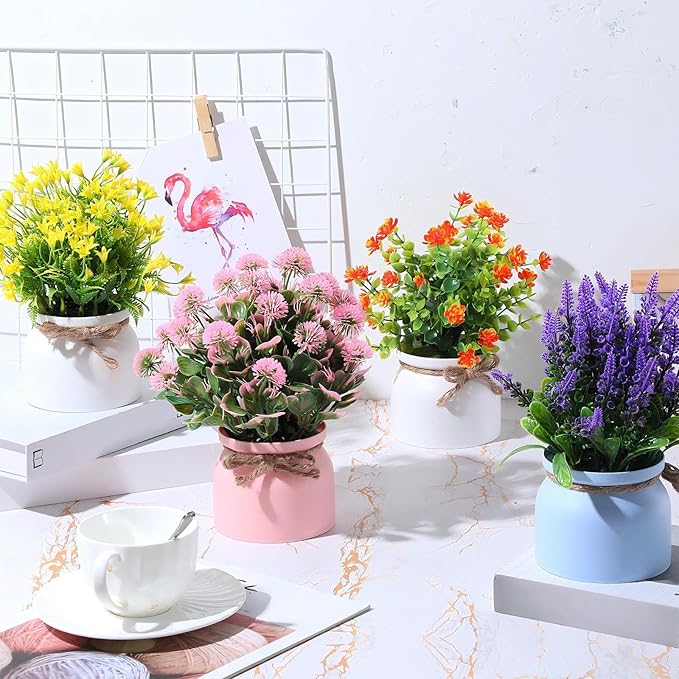 Cindeer 12 Pcs Large Artificial Potted Flowers Fake Potted Plants Plastic Faux Flowers for Home Decor Indoor Artificial Plants in Pots for Wedding Home Desk Tabletop Outdoor Office Kitchen (Vintage) Cindeer