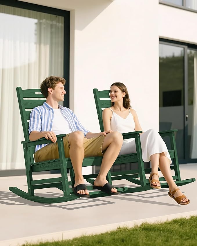 SERWALL Outdoor Rocking Chair Set of 2, Oversized Rocking Chair with Footboard for Adults, HDPE All Weather Resistant Rocking Chairs for Patio, 350lbs Weight Capacity,Green SERWALL