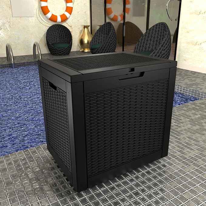 31 Gallon Outdoor Deck Box, Lockable Waterproof Outdoor Storage Boxes For Garden Tools,Indoor Cushions,Accessories Outside Storage Resin Weatherproof Container(Black)