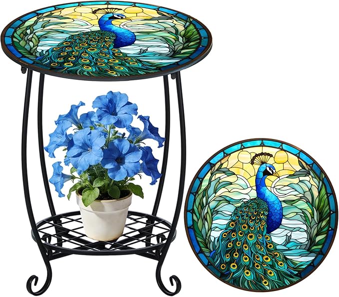 Outdoor Side Table Round Small Mosaic Patio Accent Indoor End Plant Coffee Tea Table for Yard Patio Porch Garden Living Room, Bedroom(Peacock Style,18 Inch) Cinnvoice