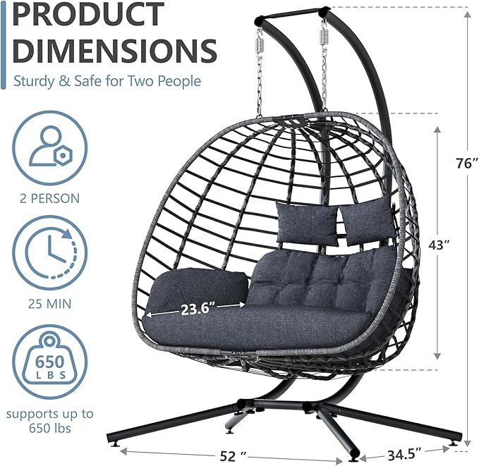 SWITTE Double Egg Swing Chair with Stand, Outdoor Patio 2 Person Hanging Wicker Hammock Chairs with Cushion for Indoor Bedroom, Lawn, Garden-Dark Grey SWITTE