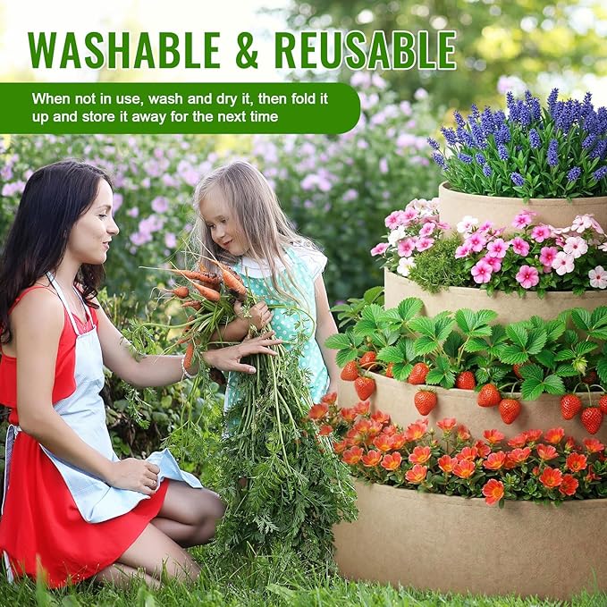 4 Pcs Plant Grow Bags 4 Tiered Strawberry Planter Tower Fabric Raised Garden Beds, 39 Inch Nonwoven Strawberry Pyramid Planter for Vegetables Flower Herbs Gardening Outdoor Growing (Khaki) Rootora