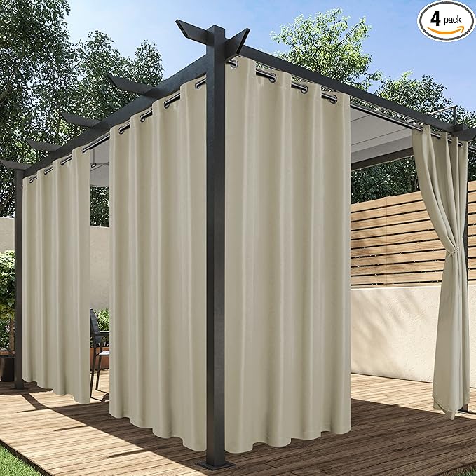 HolidayIdeas Outdoor Curtains for Patio Waterproof, 4 Panels - 54 x 120 Inch - Privacy Protection & Light Filtering Curtains Taupe Grommet Outside Curtains for Porch, Gazebo, Pergola, Backyard HolidayIdeas