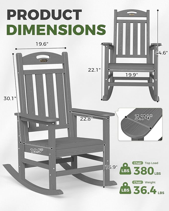 Oversized Outdoor Rocking Chairs Set of 2, High Back Porch Rocker Chair, HDPE Rocking Chairs for Patio, Living Room, Light Grey Suunyn