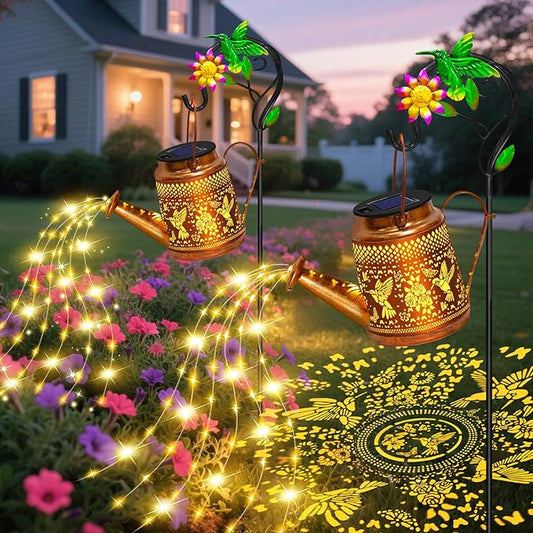 2 Packs Solar Watering Can Lights Hummingbird Garden Decor,Hanging Lanterns Outdoor,Birthday Gift for Mom Women Grandma,Waterproof Solar Fairy String Decorative Outside Lights for Yard Art Patio Porch EDOF
