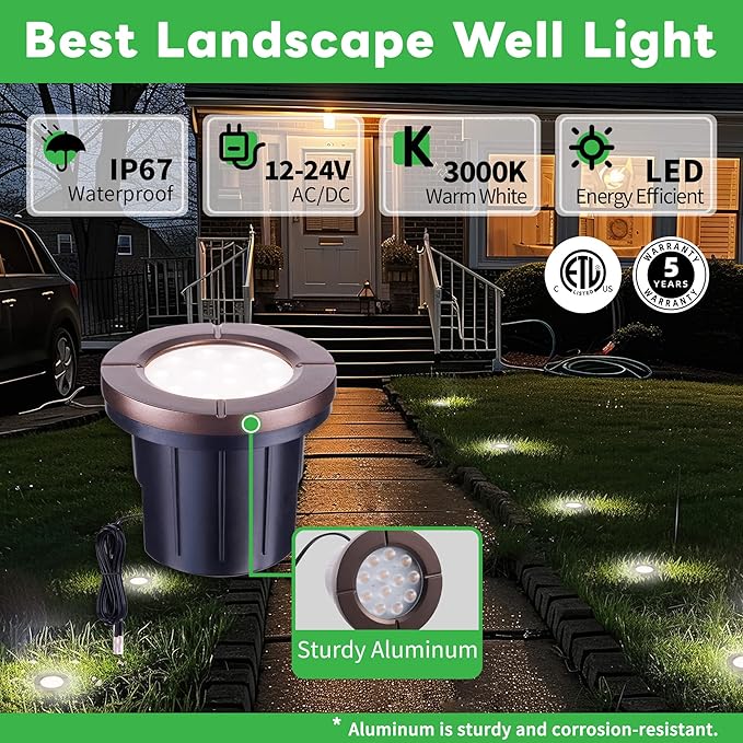 Ground Well Lights Kit, 12 Pack Landscape LED Low Voltage Inground Light and 200W Transformer and 250FT Cable and 40 Wire Connectors, Outdoor Waterproof IP67 Aluminum for Backyard Wall Lawn Varmtalys