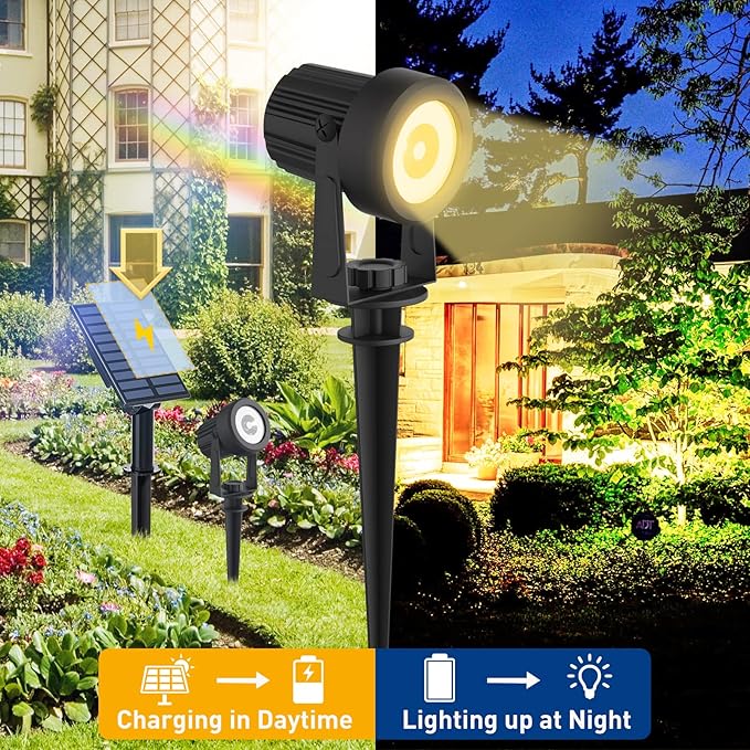 T-SUNUS Christmas Solar Landscape Spotlights 2 Pack Warm White 3000K, IP65 Waterproof Spot Lights 9.8ft Cable, Outdoor Halloween Garden Light Separated Panel for Tree Flag Yard Driveway Walkway Pool T-SUNUSLighting