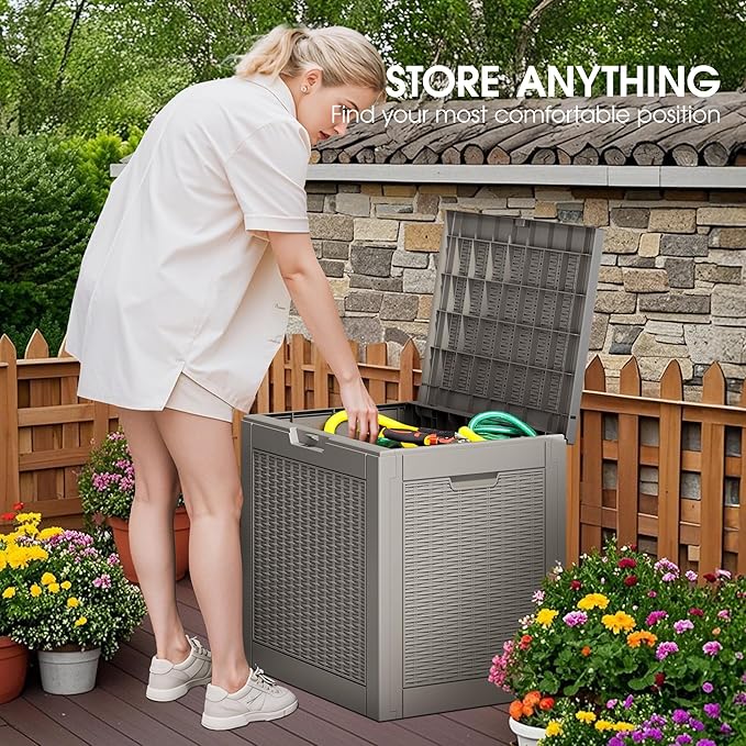 Outdoor Storage Box, Resin Deck Boxes Indoor and outdoor, Waterproof Storage Box Lockable Lid (Grey,32 Gallon) NBYSGO