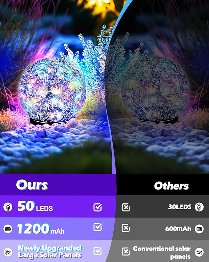 Coroor Garden Solar Ball Lights Outdoor Waterproof, 50 LED Cracked Glass Globe Solar Power Ground Lights for Path Yard Patio Lawn, Outdoor Decoration Landscape Colorful(2 Pack 4.7'') Coroor