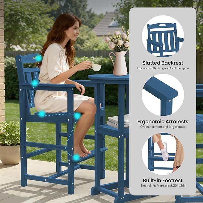 Ciokea 3-Pcs Bistro Table and Chairs, All-Weather Round High Top Bar Table with Storage Shelf and 2 Oversized Adirondack Chairs, Heavy Duty Outdoor Bar Patio Bistro Set for Balcony Deck, Navy Blue CIOKEA