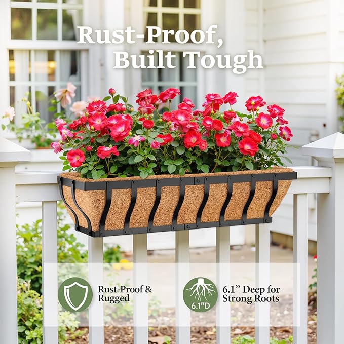 Railing Planter Boxes, Heavy Duty Window Box Planters, Adjustable Balcony Planters for Railing Hanging, with Coco Liner & Support Rod for Deck, Porch, and Patio Gardening (3 Pack, 30 Inch) VOXOR