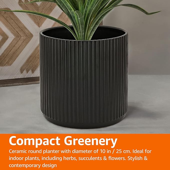 Amazon Basics Fluted Ceramic Round Planter, 10-inch, Black AmazonBasics