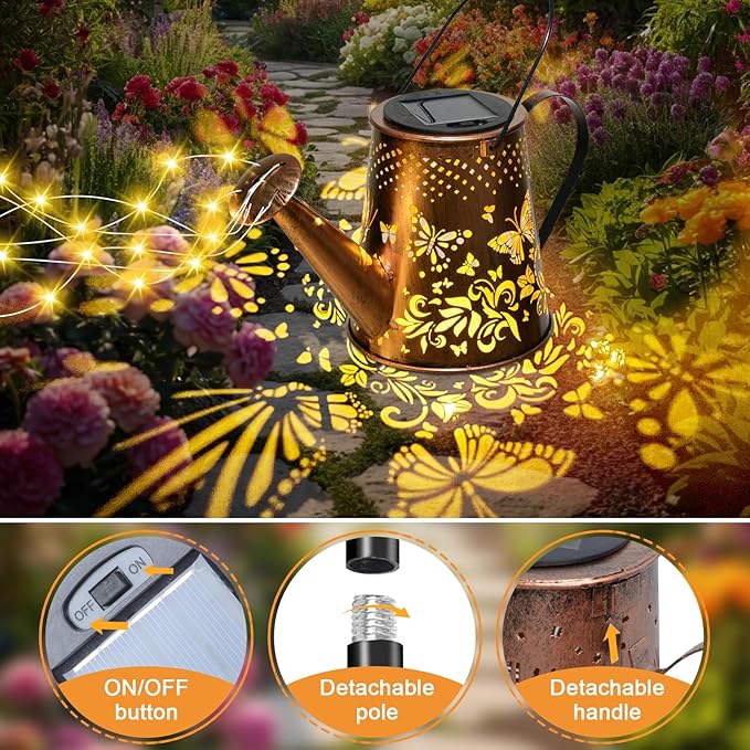 Fohil Solar Watering Can with Lights, Retro Metal Solar Garden Lights Outdoor, Waterproof Hanging Solar Powered Lantern Garden Decorations for Porch Lawn Driveway Backyard Pathway Fohil