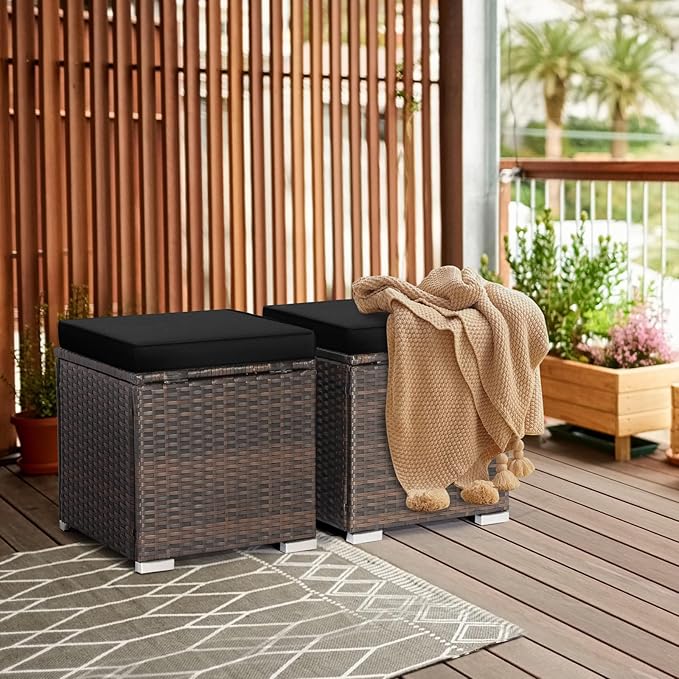 RELAX4LIFE Wicker Outdoor Storage Ottoman, 2-Piece Rattan Footstool w/Removable Cushion, Multipurpose Footrest Stool Side Table Additional Seating, Set of 2 Outdoor Ottomans for Patio Deck (Black) RELAX4LIFE