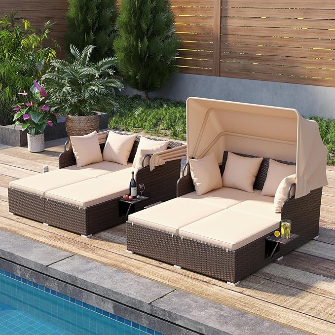 Tangkula Patio Rattan Daybed with Retractable Canopy, Outdoor Wicker Sunbed with 2 Foldable Side Tables, Thick Seat & Back Cushions, Outside Double Daybed for Garden, Backyard, Porch, Beige & Brown TANGKULA