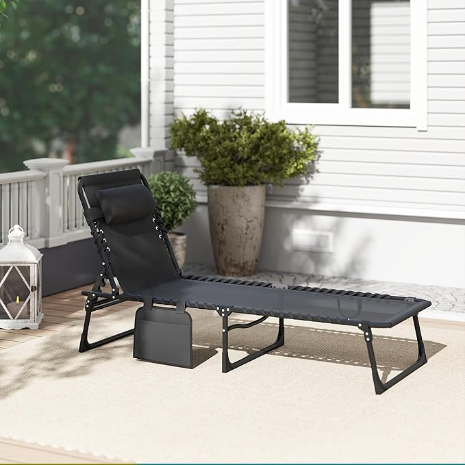 Outsunny Chaise Lounge Chair Outdoor, 5-Position Adjustable Sun Tanning Chair with Carrying Handle and Side Pocket, Folding Bed Cot with Removable Pillow for Garden, Beach, Patio, Pool, Camp, Black Outsunny