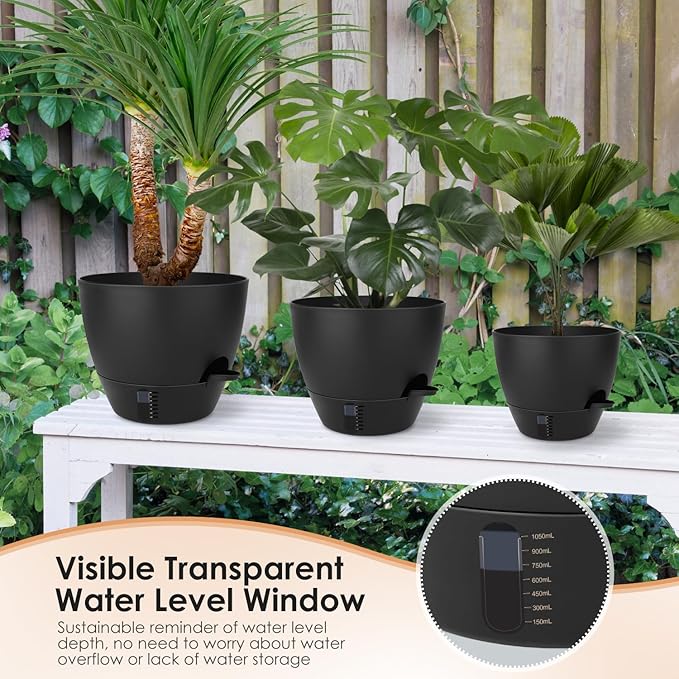 Self-Watering Plant Pots with Water Level Indicator, Drainage Holes & Saucers – 12/10/9 Inch Large Plastic Planter Set for Indoor & Outdoor Plants (Pure Black) QRRICA