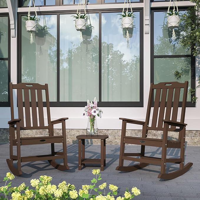 Oversized Rocking Chair, Outdoor Rocking Chair for Adults, All Weather Resistant Porch Rocker for Lawn Garden, Brown THOEOE