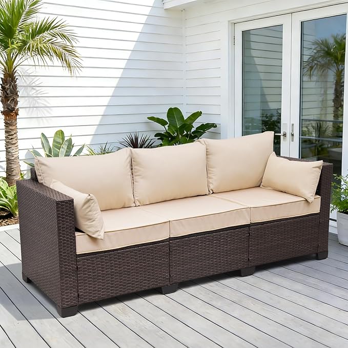 WAROOM Patio Couch PE Rattan 3-Seat Outdoor Sofa Brown Wicker Furniture Set Deep Seating with Anti-Slip Beige Cushion WAROOM
