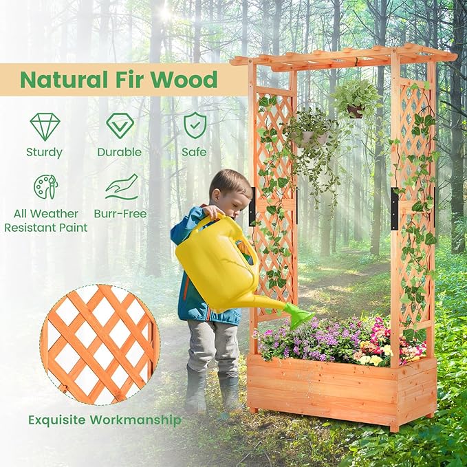 Giantex 2 Pcs Raised Garden Bed with Trellis & Hanging Roof, Wood Planter Box with Bottom & Drainage Holes, Freestanding Garden Planter for Flower Vegetable Fruit Herb Climbing Vines, 43.5"x17.5"x72" Giantex