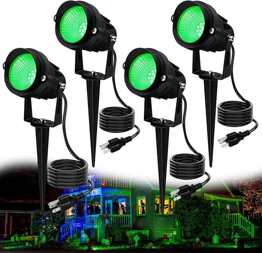 Green Outdoor LED Spot Lights for Yard & Garden – 12W Landscape Lighting, Christmas & Holiday Decor, Adjustable Beam,4Pack Qeeanmo