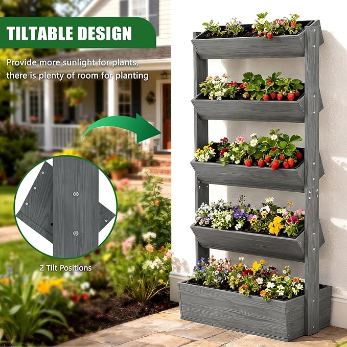 Wooden Vertical Raised Garden Bed, 5 Tier Garden Planters Raised Beds Freestanding Plant Stand Flower Rack Wooden Planter Box for Plants Herbs Flowers Vegetables Outdoor Indoor Gardening UrGROWA