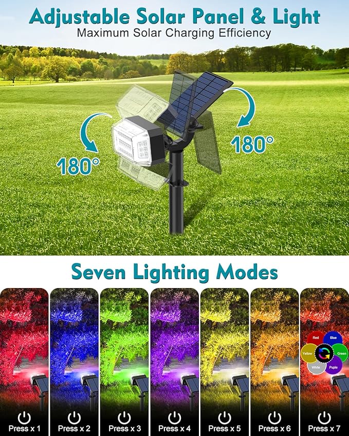 Solar Spot Lights Outdoor Waterproof IP65,[49 LEDs/6 Pack] RGB Christmas 7 Modes Color Changing Solar Spotlights, Adjustable Landscape Flood Powered Lights for Yard Garden Pathway(Multicolor) KIPEINI