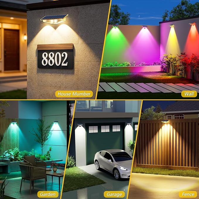 Solar Lights Outdoor for Mailbox, House Numbers, Address, Sign with 6 RGB Colors/Warm White/Cool White, IP65 Waterproof Fence Lights, Solar Powered Dusk to Dawn Wall Light Outside (4 Pack) CREPOW