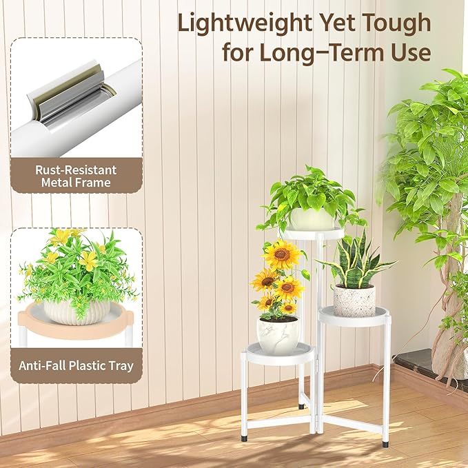LASZOLA 3 Tiered Folding Plant Stand Indoor for Multiple Large Planter, Tall Heavy Duty Adjustable Rack with Rust Proof Plastic Shelving, Sturdy Vertical Tree Organizer for Narrow Inside Floor, White LASZOLA