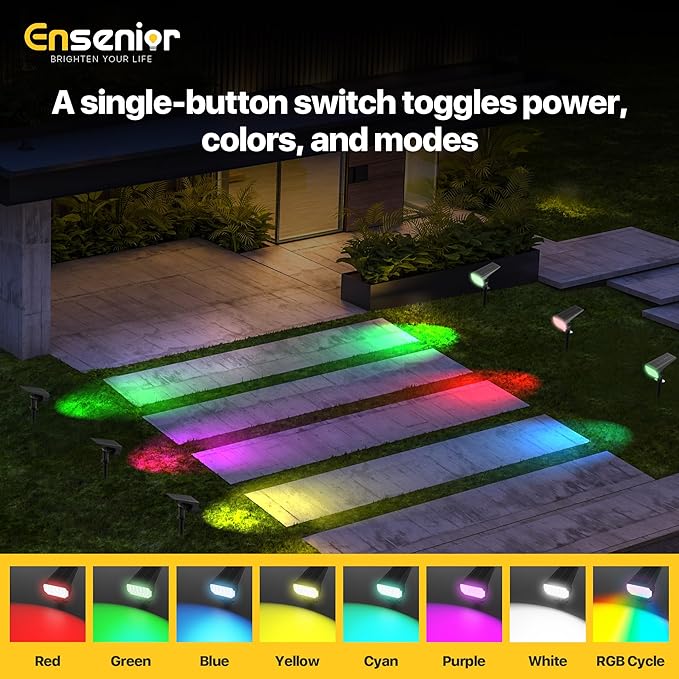 Ensenior Solar Spotlights Outdoor RGB, 7+1 Color Changing Mode Outdoor Landscape Lighting, IP65 Waterproof, Automatic ON/Off Solar Powered Spotlight Halloween Christmas Decorations (10-Pack) Ensenior