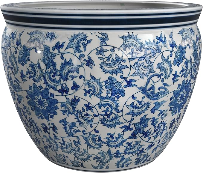 Red Lantern 16" Floral Blue & White Porcelain Fishbowl Planter RedLantern
