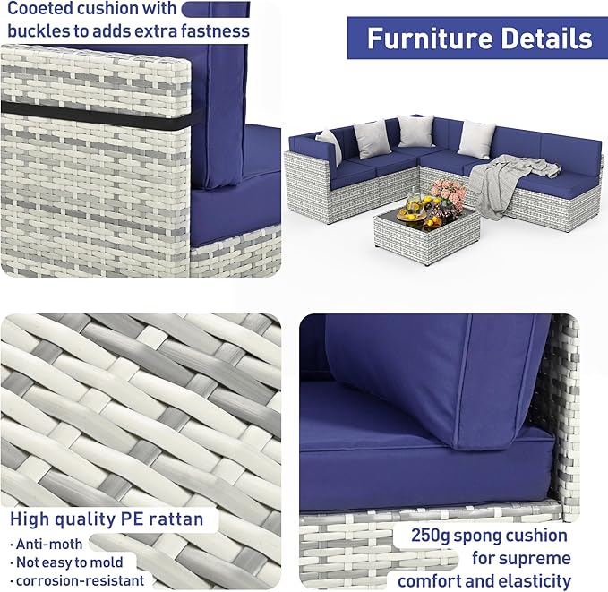 Pamapic 7 Piece Outdoor Sectional Sofa Set, All-Weather Patio Furniture with Washable Cushions, Waterproof Gray Rattan Wicker Conversation Set for Backyard, Poolside, Garden (Navy Blue Cushions) Pamapic