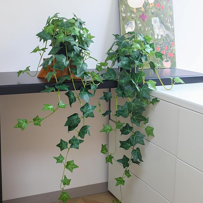 Fake English Ivy Plants in Pots Set of 2 – Realistic Artificial Ivy Greenery for Home Decor, Tabletop, Office, Shelf, Balcony or Bathroom – Lifelike Faux Hanging Vines, No Maintenance Required ALYPTUS