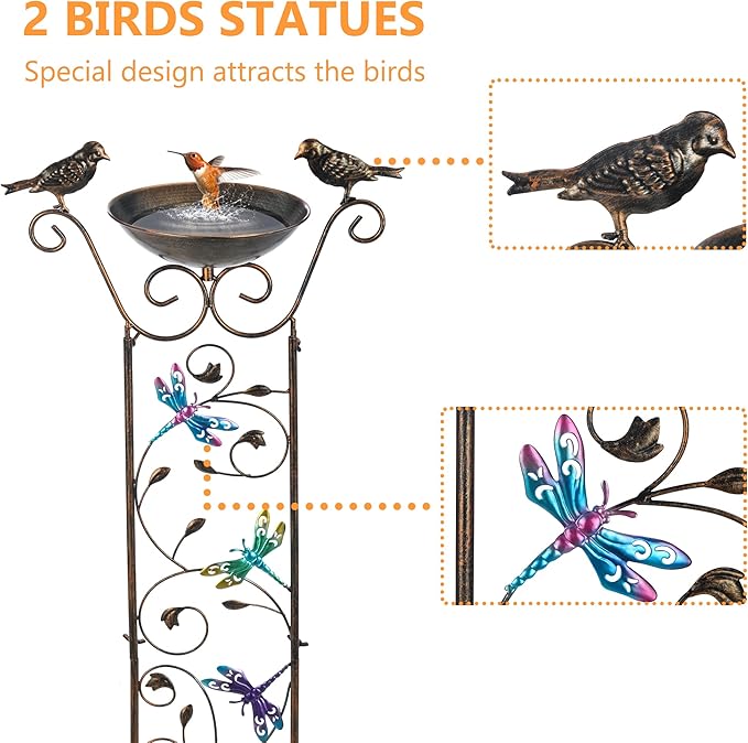 SUNNYPARK Bird Bath with Trellis Outdoor, Antique Garden Iron Plant Trellis with Decorative Dragonfly Detachable Bird Bath Bowl Metal Potted Plant Support for Climbing Flowers SUNNYPARK