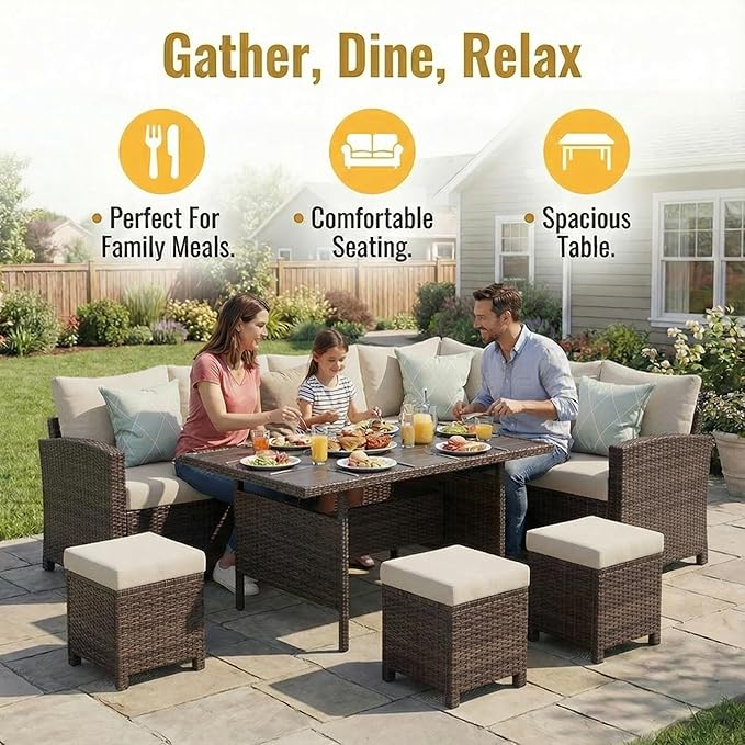 Wisteria Lane Patio Furniture Set, 7 Piece Outdoor Dining Sectional Sofa with Dining Table and Chair, All Weather Wicker Conversation Set with Ottoman, Ivory WisteriaLane