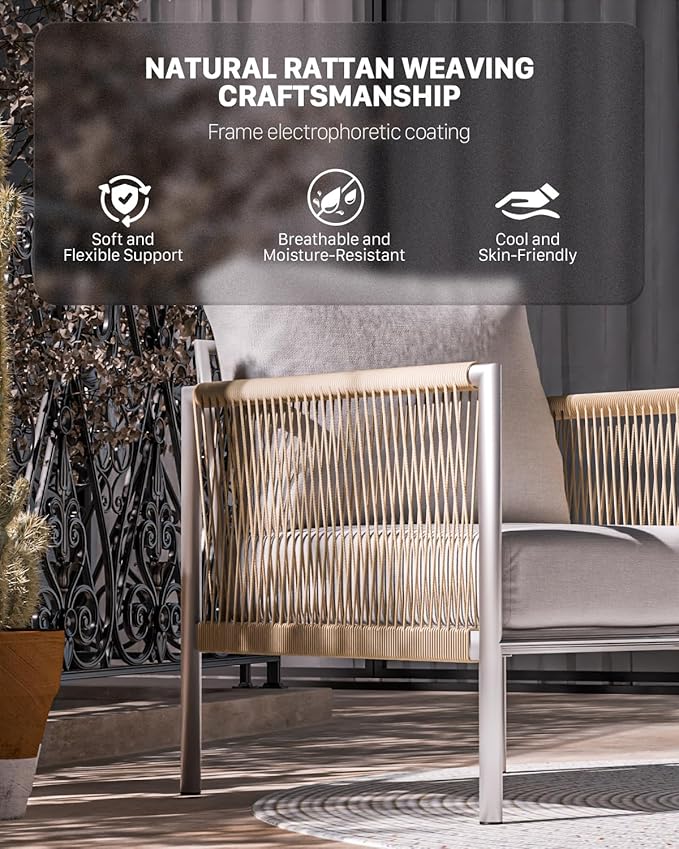 ZANDOR Aluminum Outdoor Patio Furniture 2 Pcs Armchair, All-Weather Metal Modern Outside Furniture with Washable Thick Cushion, HDPE Woven Rope Rattan Bistro Sofa Chair, Garden/Backyard/Porch, Silver ZANDOR%7CCraftingYourOutdoorElegance
