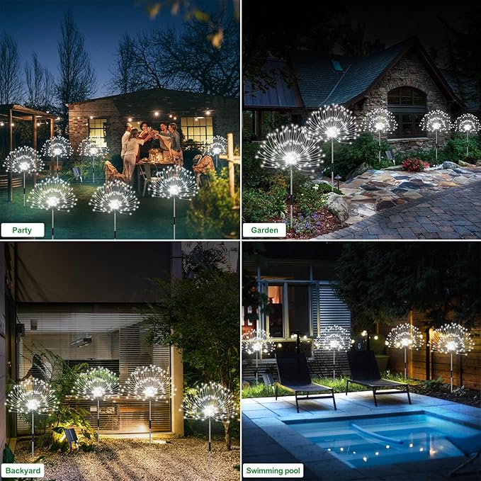 Solar Garden Lights Outdoor Waterproof, 4 Pack Total 480 LED Solar Firework Lights Decorative with 8 Lighting Modes Outside for Yard Pathway Flowerbed Decor, White Slyuexu